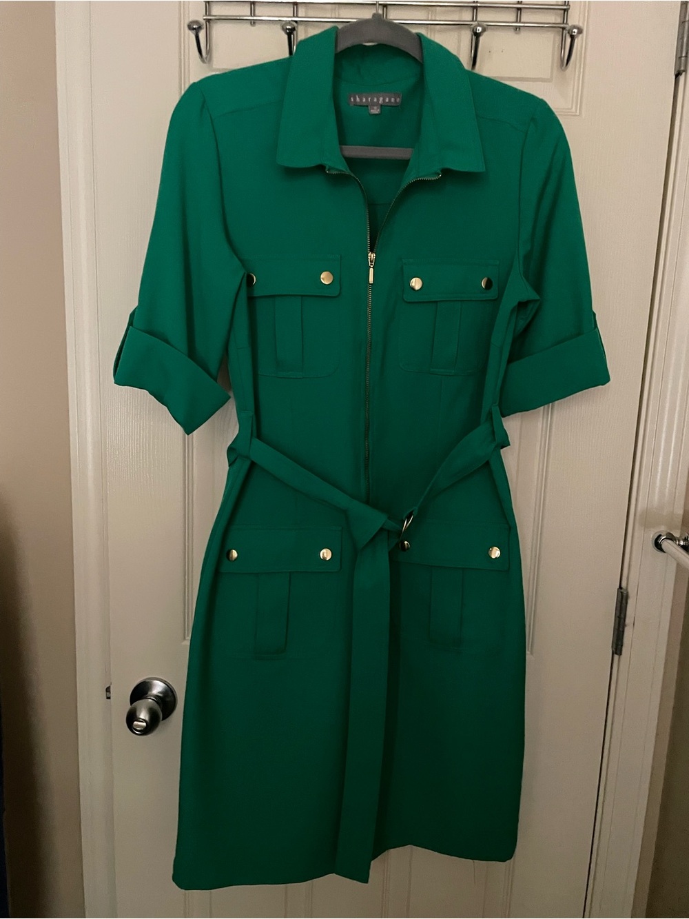 Sharagano Emerald Green Utility Shirt Dress with Self Tie Belt
